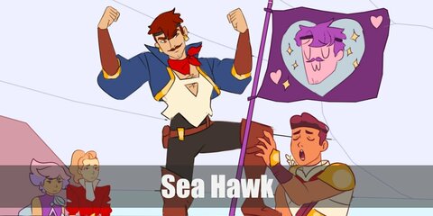 Sea Hawk costume takes inspiration from old marine looks and pirate style. Get a low-cut v-neck shirt and top it with a blue jacket. You can wear brown pants and then style the look with an arm guard and brown  boots, too. Finish the costume with a colored wig.