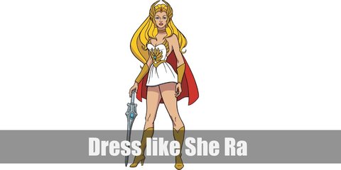 She-Ra costume is a white strapless dress, a short red cape, a golden head piece, golden gauntlets, a golden belt, and golden high boots.