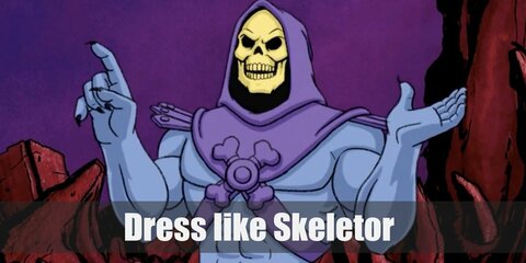 Skeletor costume has a skull for a head which is dressed up by a purple hooded chest armor. He also wears dark purple boots and his skin color is a lighter purple as well