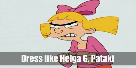 Helga Pataki costume long blonde pigtails with a big pink bow over it, and wears a white turtle neck shirt topped with a pink dress with a single red stripe on its lower part and white sneakers.