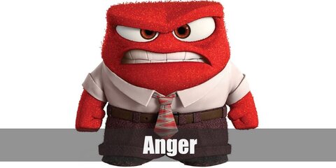 Inside Out Anger costume is a white collared long-sleeved shirt, burgundy pants, a brown belt, black shoes, and a red tie with gray stripes.