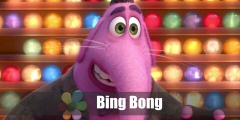 Bing Bong’s costume can be recreated with a pink dress and brown cardigan. Style the outfit with a flower brooch, a bow tie, gloves, socks, and fuzzy slippers. Top it all off with a bowler hat. 
