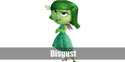 Inside Out Disgust’ costume is a spring green sleeveless dress and belt, green leggings, a purple ascot, and purple ballet flats.