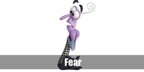 Inside Out Fear character costume is a powder blue long-sleeved shirt with white stripes, a Hounds tooth sweater vest, violet pants, black shoes, and a magenta bow tie.
