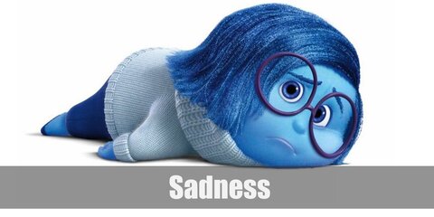 Inside Out Sadness character costume is a white long-sleeved turtleneck sweater, navy blue pants and slippers, and dark purple round glasses.