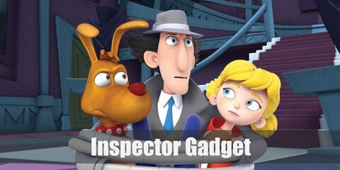 Penny outfit is a red shirt with white block, pants, and sneakers. She also has blonde hair. Inspector Gadget’s costume is  a gray double-breasted trench coat, blue pants, gray shoes, a gray fedora hat, a blue tie, and brown gloves.