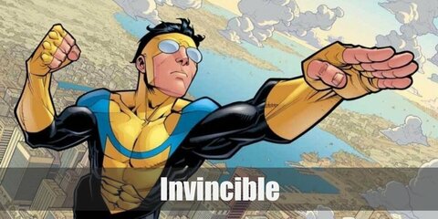  Invincible’s costume is a black, yellow, and light blue suit, yellow fingerless gloves, a yellow mask and cowl, and light blue boots.