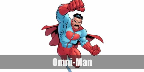  Omni-Man’s costume is a red and white Omni-man top, red pants, white boots, red gloves, a red cape, and his iconic mustache.