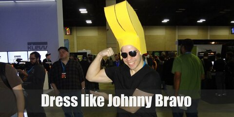 Johnny Bravo’s clothes is simple but his hair is the real star of the show. His blonde hair is styled in an exaggerated pompadour. He pairs this hairdo with a simple black shirt and blue denim pants. 