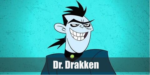 Dr, Drakken’s costume is a black turtleneck shirt, a blue double-breasted mid-length overcoat, blue pants, wide black belt, black boots, and long black gloves. 