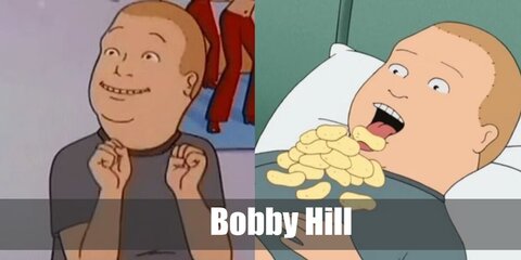  Bobby Hill’s costume is a teal blue short-sleeve crew neck T-shirt, dark green pants, white crew socks, and black and white casual sneakers.