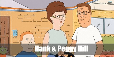  Hank Hill and Peggy’s costume is a short-sleeved white crew neck T-shirt, blue jeans, a dark brown ratchet belt, brown work boots, square frame glasses, and a brown wristwatch for Hank Hill; and a high-neck sleeveless blouse, blue golf shorts, a ratchet leather belt, blue slip-on clogs, and square rimless glasses for Peggy Hill. 