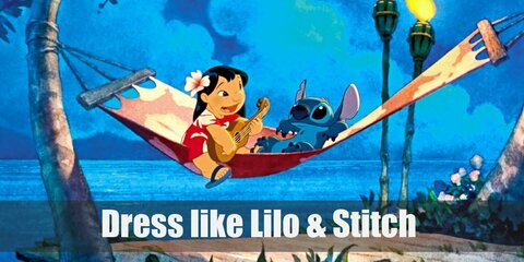  Lilo’s costume is very laid-back. When she’s not in her hula class, she wears a red hibiscus-patterned dress and slip-ons. Stitch is a furry, blue alien. 