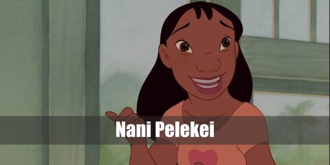  Nani Pelekai’s costume is a scoop neck fitted orange crop shirt with a red heart patch on the chest, stretchy blue denim shorts, white crew socks, and brown boots.