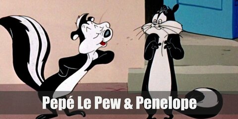 Pepé Le Pew & Penelope skunk-cat pair's costume can easily be brough to life by wearing skunk onesies or a black longsleeves and pants adorned with strips of fur as well as skunk ears and tail!