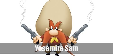  Yosemite Sam looks like a very hairy cowboy. He wears a red shirt, yellow bandana, denim pants, and black boots. He also has an oversized cowboy hat. Plus, who could forget his overly-hairy eyebrowsand long ginger beard?  
