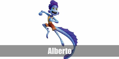  Alberto’s costume is a purple mermaid-scale rashguard and tights, a yellow tank top, orange shorts, a twine belt, a long purple sea monster tail, and an Alberto-inspired mask.