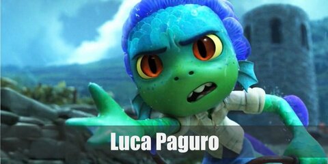  Luca’s costume is a white plaid shirt, denim shorts, green-scaled rashguard and pants, and a Luca-inspired beanie or mask.