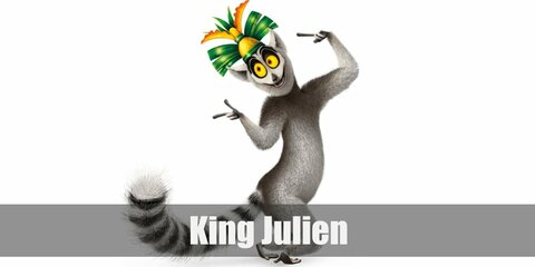  King Julien’s costume is a grey sweatshirt, grey joggers, grey sneakers, a yellow beanie, different colors of EVA foam sheet, and a Lemur-inspired mask.