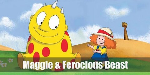  Maggie & Ferocious Beast’s costumes are a yellow shirt, a blue pinafore dress, yellow socks, black Mary Janes, and a white safari hat; and a yellow jumpsuit with red circular felt paper glued to it.