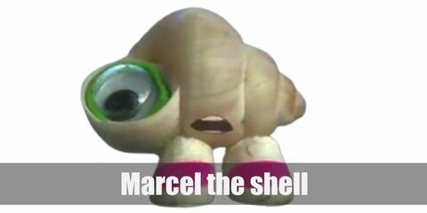 Recreate Marcel's costume by cutting seashell shapes on a wide carton or board then pait it with Marcel's features especially the eye. Then put a strap to wear it on your shoulders. Wear pink shoes, too!