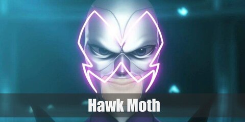  Hawk Moth’s costume is a purple turtleneck shirt, a formal purple dress jacket, purple pants, black shoes, and black gloves. 