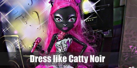  Catty Noir costume is a shiny silver top, a pink tutu, a pink scarf, and white boots. She even has long, pink hair. 