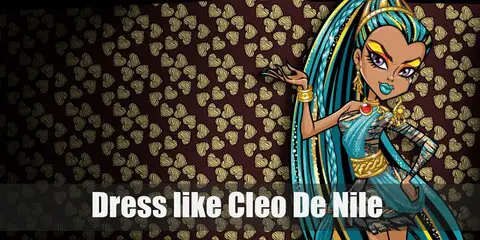  Cleo de Nile costume looks mostly like mummy wrappings except that she has a blue sheer cloth as an additional top. She also wears a gold garter for her phone, a gold belt, gold earrings.