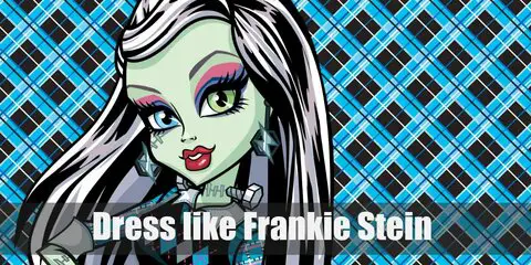  Frankie costume is mint green skin with stitches on it. She wears a blue plaid dress with puffed sleeves, a polka dot necktie, and awesome zebra heels. 