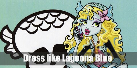  Lagoona’s outfit is made up of a glittery pink top, black cropped jacket, black shorts, black fishnets, and black and white-striped platforms.  