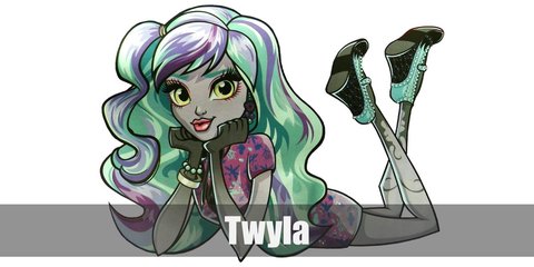  Twyla’s costume is a purple blouse, purple and black layered skirt, purple ankle boots, and black lace gloves. She also has turquoise hair. 