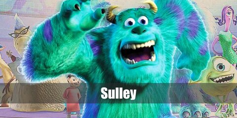  Sulley’s costume is a blue sweatshirt and blue joggers with purple circles on them, monster gloves, monster slippers, and silver horns.