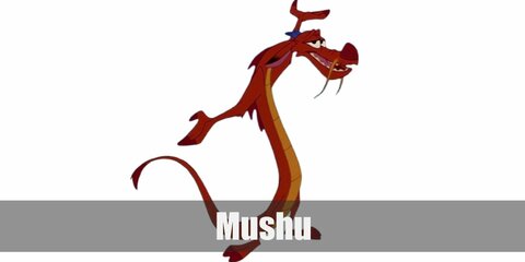 Mushu’s costume is a red-long sleeve shirt with yellow fabric in the middle, red pants, red shoes, and a Mushu-inspired hat.