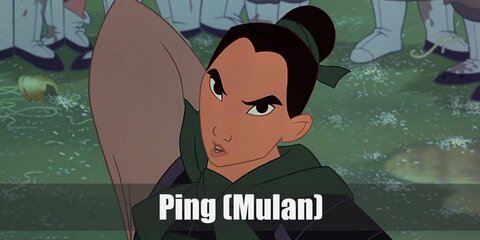 Ping’s costume is a beige robe, brown pants, white socks, black flats, and lightweight armor. Ping is Mulan’s male alter ego in the Chinese army.