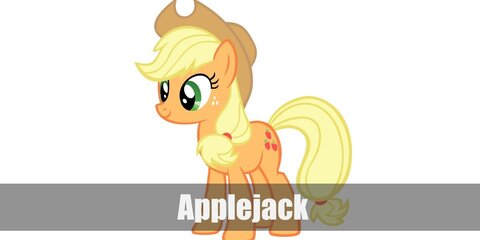 Applejack’s costume is an orange tracksuit, a brown cowboy hat, red sneakers, long yellow hair and tail with a red ponytail, and an applejack cutie mark .'
