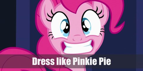  Pinkie Pie’s outfit is a white tank top, a blue bolero, a pink mini skirt, blue high-tops, and a purple ribbon belt. She also has long, pink hair.  