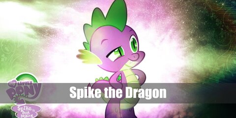 Spike the Dragon's outfit features a green shirt with stripes, a purple zip hoodie, a spiked headband and tail, and purple pants.