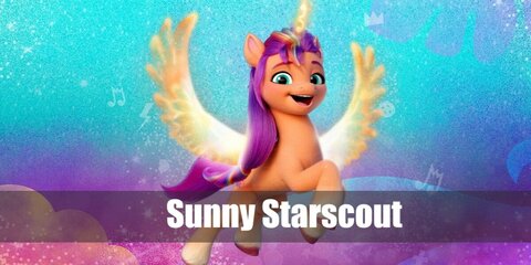 Sunny Starscout outfit is a colorful wig in pink and orange to match the dress and petticoat. The costume also features a blue belt.