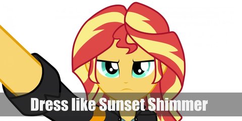  Sunset Shimmer’s costume is an orange tube top, a cyan skirt, a studded leather vest, black boots, and a black belt.  