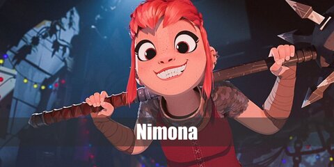 Start Nimona's costume with an orange wig. Then, get a scaley or sequined top and shorts layered with a burgundy thank top and mini skirt. Complete the costume with boots and arm warmers. 