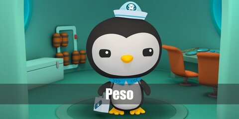  Peso’s costume is a black and white onesie, a blue collar, duck feet slippers, and a Peso-inspired hat.