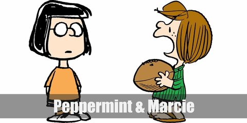  Peppermint Patty and Marcie’s costume is a green striped shirt, soccer shorts, sandals, and an orange shirt, chino shorts and white sneakers.
