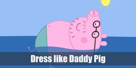  Daddy Pig dresses quite simply. He has on a basic mint shirt, and wears black-rimmed glasses. To match Daddy Pig, you can also wear pink long-sleeves and pink pants. 