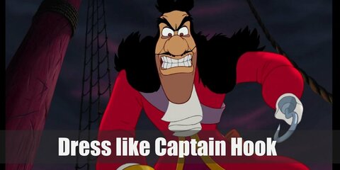  Captain Hook’s outfit is a white tunic underneath his bright red coat, black medieval pants, black boots, a pirate captain’s hat and his iconic hooked hand. 