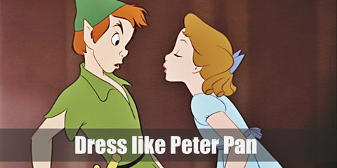 Peter Pan costume is a green tunic, a pair of green tights with a dagger around his waist, brown elf shoes, and a green hat atop his reddish brown hair. 