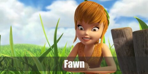 Fawn outfit is an orange one-shoulder top and skirt made from dried leaves. She also has long brown hair and has a light-colored pair of wings.