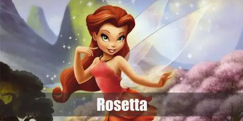 Rosetta wears a red halter top and a skirt that looks like petals. She has brown hair and a pair of light-colored wings. 