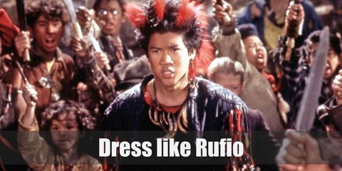 Rufio  costume is is a black tank top, black vest, black pants, red boots, black cuffs, and a cool (and iconic) red and black Mohawk.  