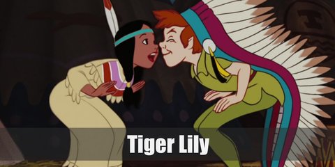 Tiger Lily's costume is made up of a brown native Indian Dress with a green belt and green pair of boots. Her hair is tied with a native headpiece.