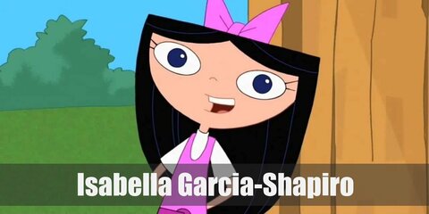 Isabella’s costume is a white shirt, a pink sleeveless dress, a pink belt, white socks, pink shoes, and a pink hair bow.  Isabella is one of the most willing and adventurous friends of Phineas and Ferb.